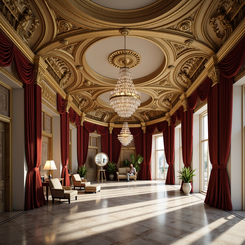 Prompt: Luxurious neoclassical interior, ornate moldings, gold leaf accents, intricate carvings, classical columns, marble floors, crystal chandeliers, rich velvet drapes, stately furniture, curved lines, symmetrical composition, soft warm lighting, subtle shadows, 3/4 view perspective, detailed textures, ambient occlusion.