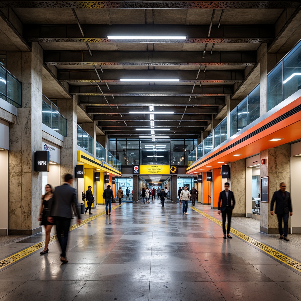 Prompt: Vibrant metro station interior, urban vernacular style, exposed concrete walls, distressed metal columns, industrial-style lighting fixtures, sleek glass railings, modern signage systems, bold color schemes, geometric patterned tiles, high-gloss epoxy floors, polished stainless steel accents, futuristic digital displays, bustling pedestrian traffic, rush hour atmosphere, warm softbox lighting, shallow depth of field, 1/1 composition, realistic textures, ambient occlusion.