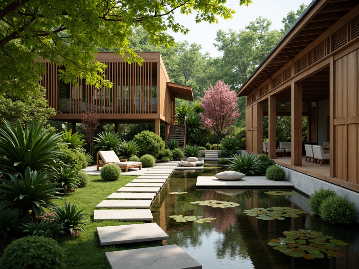 Prompt: Exotic tropical plants, lush green foliage, natural stone pathways, wooden trellises, intricately carved wooden decorations, serene water features, peaceful koi ponds, bamboo accents, minimalist furniture, sliding shoji screens, warm soft lighting, shallow depth of field, 1/1 composition, realistic textures, ambient occlusion.