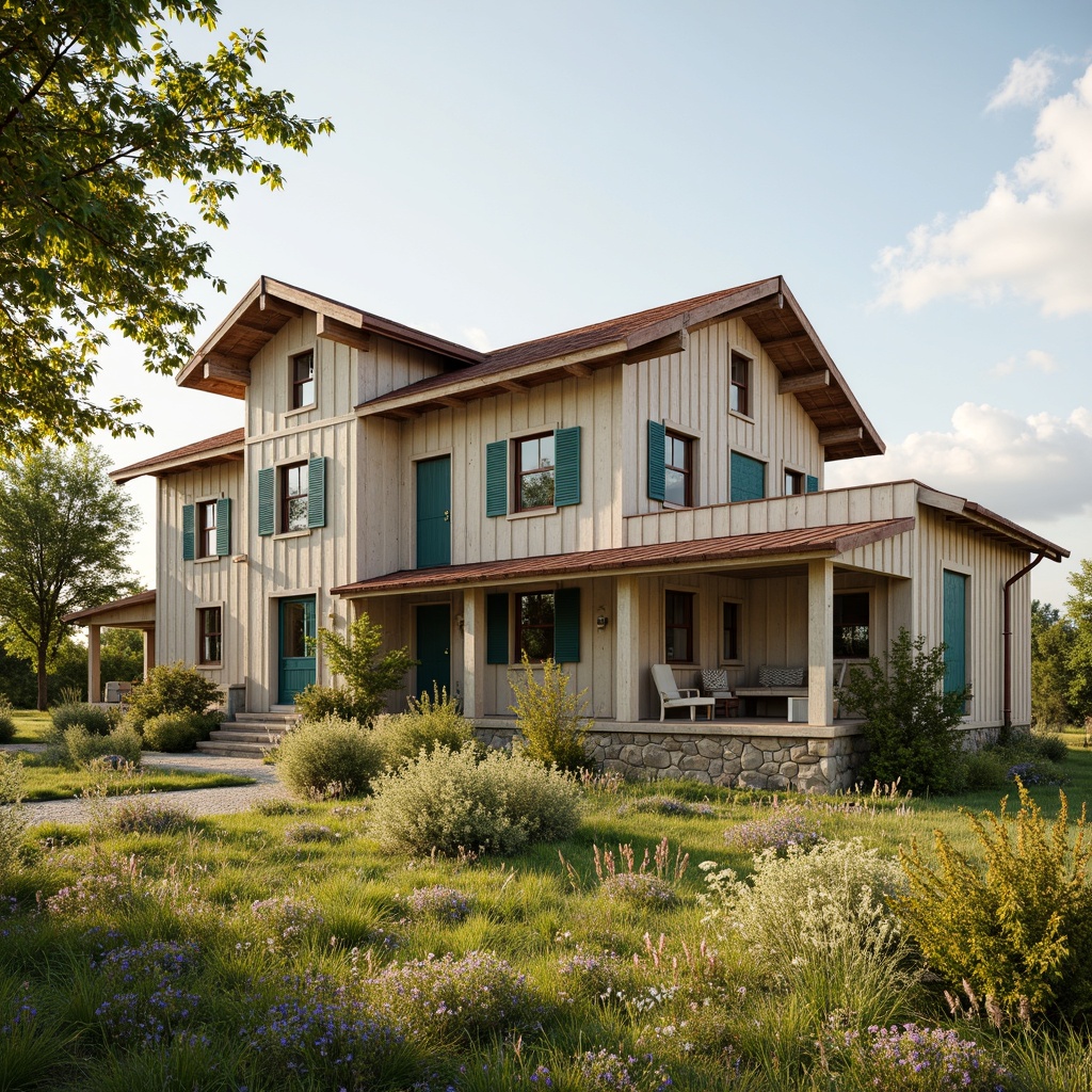 Prompt: Rustic farmhouse, vintage decor, earthy tones, warm beige walls, distressed wood accents, soft sage greenery, muted blue shutters, rusty metal roofs, natural stone foundations, wildflower fields, sunny afternoon, soft warm lighting, shallow depth of field, 3/4 composition, panoramic view, realistic textures, ambient occlusion.