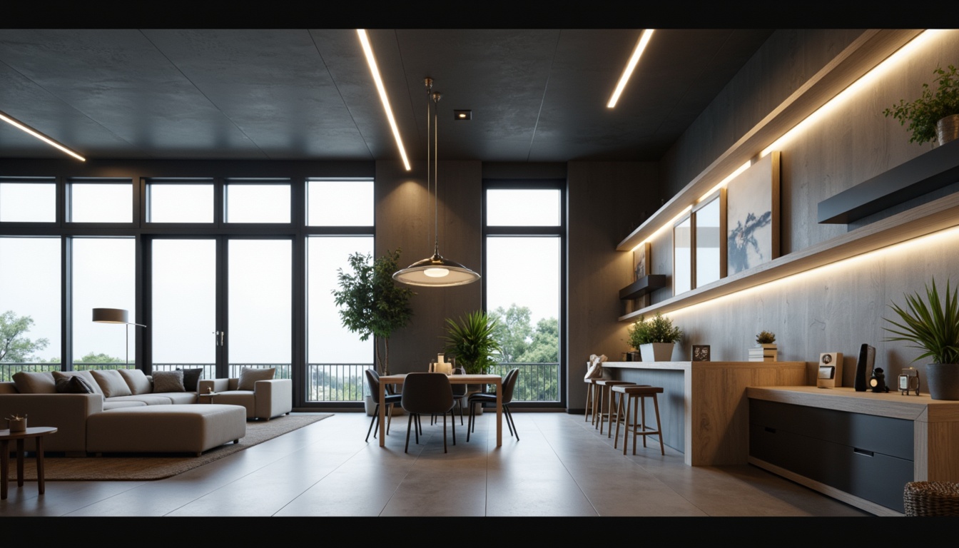 Prompt: Simple modern interior, minimal ornamentation, sleek lines, monochromatic color scheme, industrial-chic decor, recessed lighting, subtle ambient glow, LED strips, minimalist pendant lamps, frosted glass shades, brushed metal fixtures, geometric patterns, clean aesthetic, airy atmosphere, soft natural light, 1/1 composition, shallow depth of field, realistic textures, ambient occlusion.