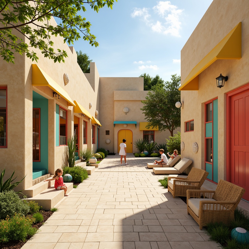 Prompt: Vibrant kindergarten playground, warm sandy beige walls, turquoise blue accents, sunny yellow awnings, bright coral red doors, soft mint green floors, natural wood textures, woven rattan furniture, playful ceramic tiles, whimsical shell decorations, Mediterranean-inspired arches, creamy white columns, lush greenery, blooming flowers, gentle ocean breeze, soft warm lighting, shallow depth of field, 3/4 composition, panoramic view, realistic textures, ambient occlusion.