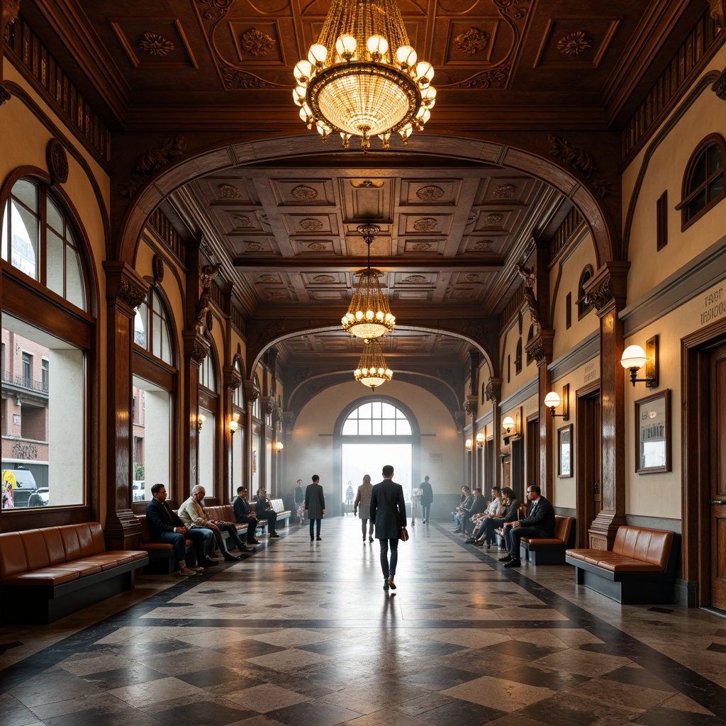 Prompt: Grand metro station, ornate chandeliers, rich wood accents, comfortable benches, intricately patterned tiles, elegant archways, vintage lanterns, sophisticated stone flooring, classical columns, warm soft lighting, shallow depth of field, 1/1 composition, realistic textures, ambient occlusion, bustling urban atmosphere, morning rush hour, subtle steam effects.