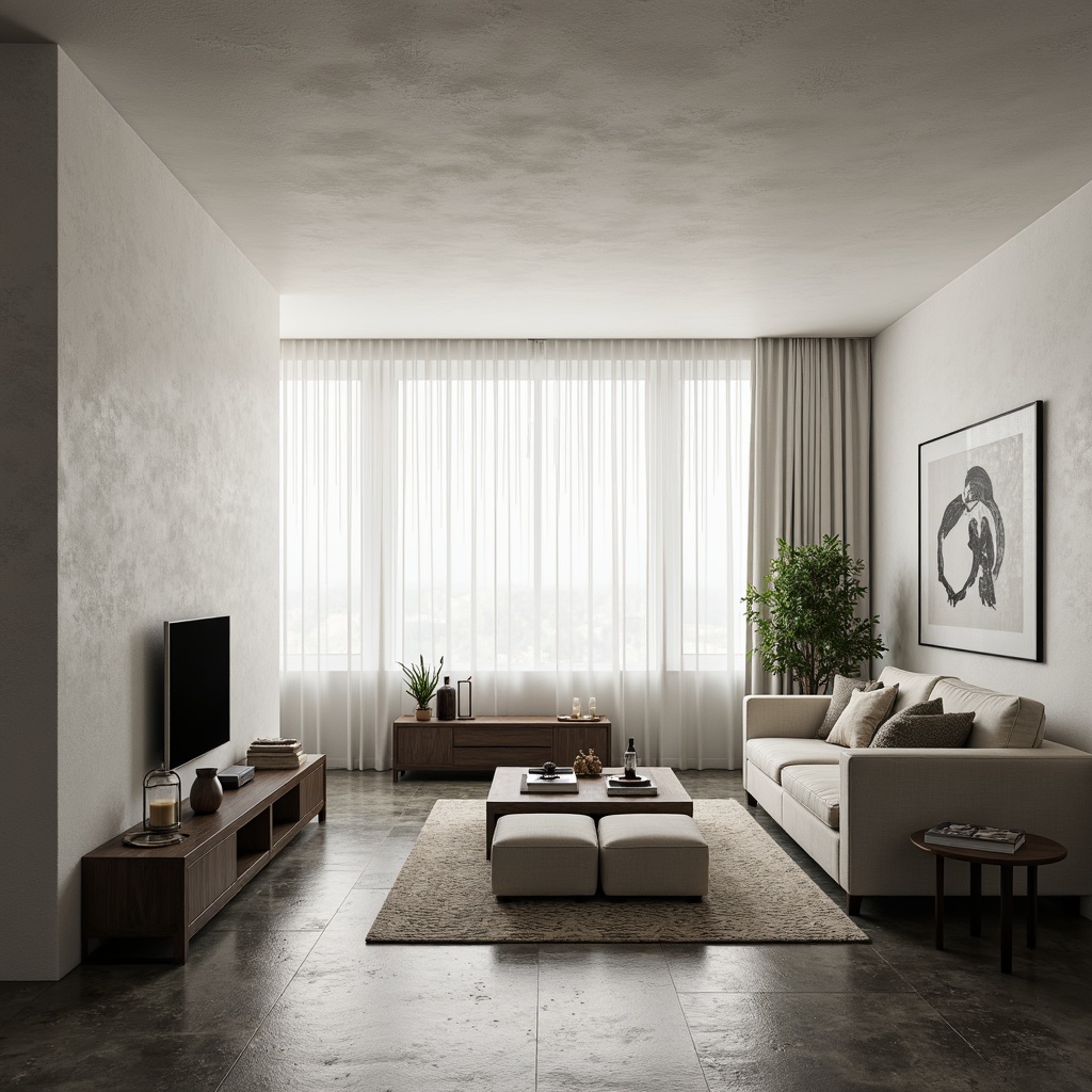 Prompt: Minimalist living room, monochromatic color scheme, sleek low-profile furniture, compact shelving units, space-saving storage ottomans, floor-to-ceiling windows, natural light pouring in, sheer white curtains, polished concrete floors, industrial-chic metal accents, geometric-patterned rugs, abstract artwork, ambient warm lighting, shallow depth of field, 1/1 composition, cinematic view, realistic textures, subtle atmospheric effects.