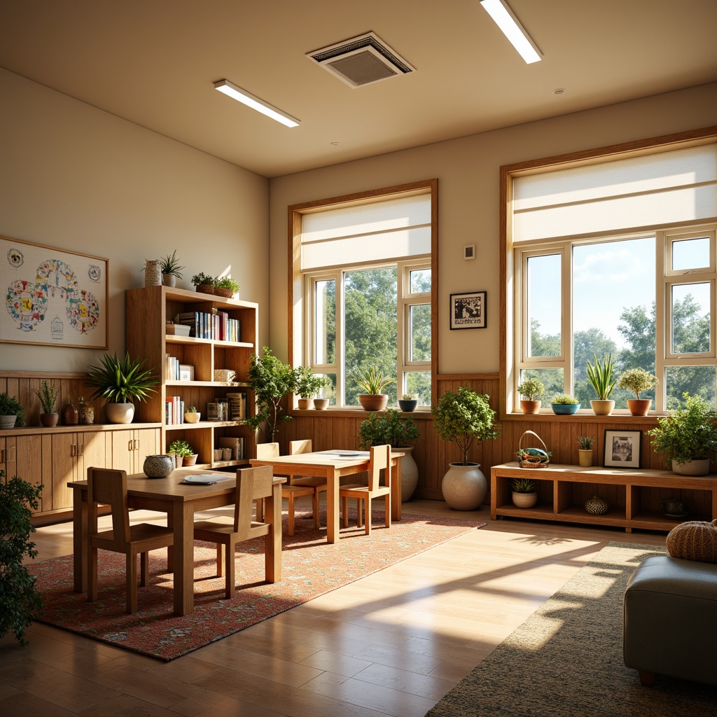 Prompt: Cozy elementary school classroom, wooden desks, ergonomic chairs, warm beige walls, natural wood accents, earthy color palette, plenty of natural light, large windows, green plants, educational posters, colorful rugs, minimalist decor, rustic wooden shelves, comfortable reading nooks, soft warm lighting, shallow depth of field, 3/4 composition, realistic textures, ambient occlusion.