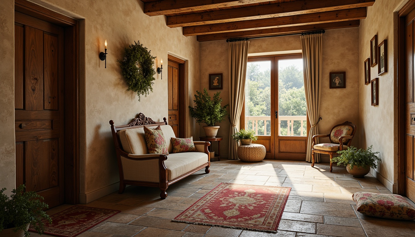 Prompt: Rustic mudroom, natural stone flooring, earthy tones, warm beige walls, distressed wood accents, vintage furniture, ornate metal fixtures, rich textiles, velvety soft rugs, classic Renaissance-inspired patterns, warm golden lighting, shallow depth of field, 1/1 composition, realistic textures, ambient occlusion.