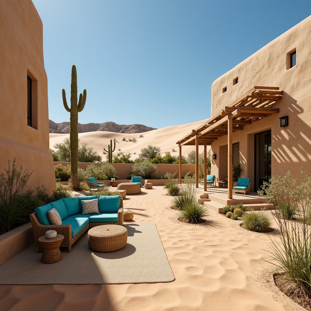 Prompt: Majestic desert landscape, warm sandy dunes, cactus plants, clear blue sky, vast open space, modern organic architecture, earthy indigo walls, sand-textured stucco, natural stone accents, wooden trellises, woven rattan furniture, vibrant turquoise accents, soft warm lighting, shallow depth of field, 3/4 composition, panoramic view, realistic textures, ambient occlusion.