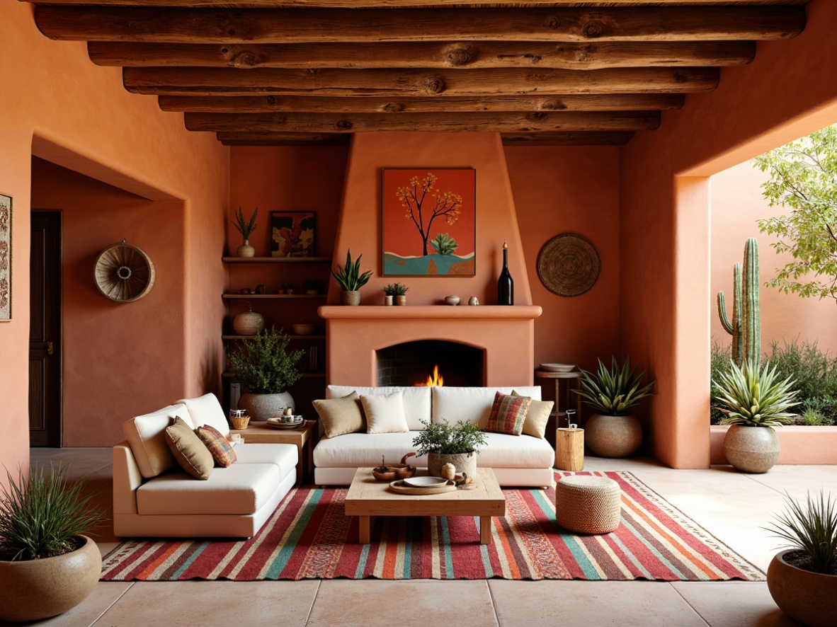 Prompt: Vibrant southwestern interior, warm terracotta walls, turquoise accents, earthy adobe floors, woven textiles, colorful Navajo patterns, rustic wooden beams, natural stone fireplaces, desert botanicals, cactus plants, sandy neutrals, bold red and orange hues, soft sage greens, golden lighting, shallow depth of field, 1/2 composition, realistic textures, ambient occlusion.