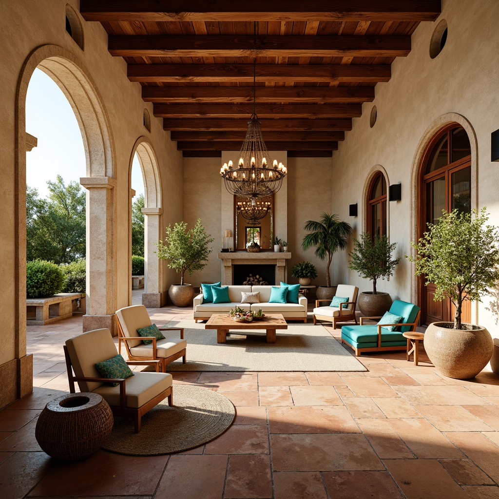 Prompt: Warm Mediterranean villa, arched windows, rustic stone walls, terracotta floors, wooden beams, vaulted ceilings, elegant chandeliers, ornate mirrors, plush furnishings, vibrant turquoise accents, natural fabrics, potted olive trees, lush greenery, soft warm lighting, shallow depth of field, 3/4 composition, panoramic view, realistic textures, ambient occlusion.