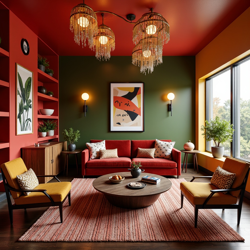 Prompt: Vibrant living room, bold color palette, eclectic furniture arrangement, statement light fixtures, textured rug, plush velvet sofa, abstract artwork, geometric patterned throw pillows, metallic accents, warm golden lighting, cozy atmosphere, 3/4 composition, shallow depth of field, realistic textures, ambient occlusion.