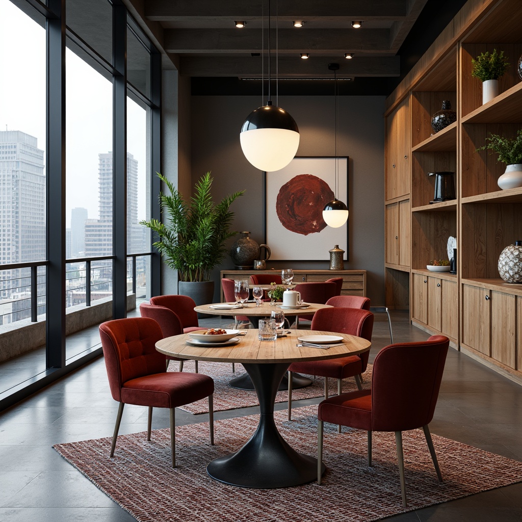 Prompt: Modern dining room, sleek wooden tables, minimalist chairs, metallic legs, velvet upholstery, bold color accents, ambient lighting, floor-to-ceiling windows, cityscape views, industrial chic decor, reclaimed wood walls, polished concrete floors, geometric patterned rugs, pendant lamps, modern art pieces, abstract sculptures, luxurious fabrics, soft cushions, ergonomic design, functional storage units, hidden compartments, smart home technology integration, minimalist shelves, decorative vases, lush greenery, natural stone accents.