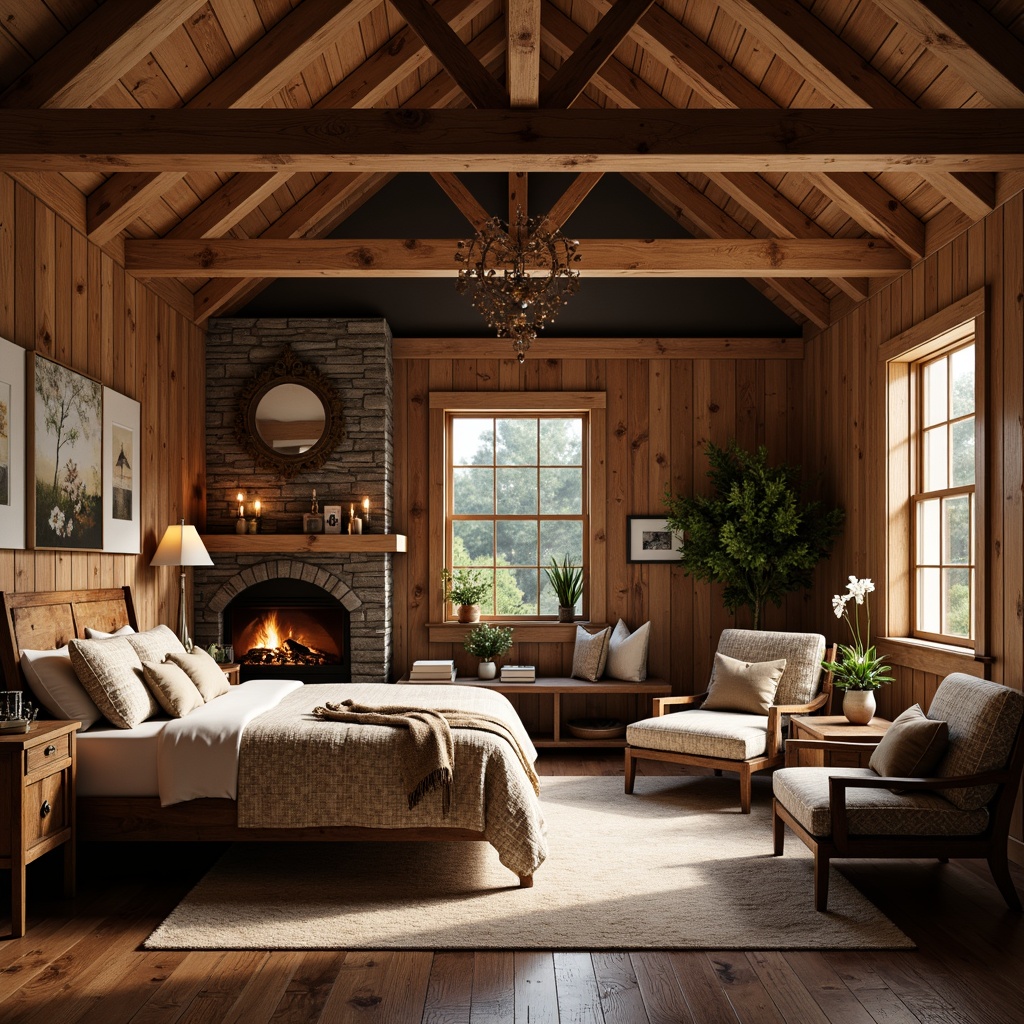 Prompt: Cozy bedroom, rustic wood accents, wooden paneling, reclaimed oak floors, handcrafted furniture, ornate carvings, earthy color palette, soft warm lighting, plush textiles, natural stone fireplace, vintage metal hardware, distressed finishes, traditional craftsmanship, exposed beams, sloping ceiling, intimate reading nook, comfortable seating area, relaxed ambiance, shallow depth of field, 1/2 composition, warm golden tones.