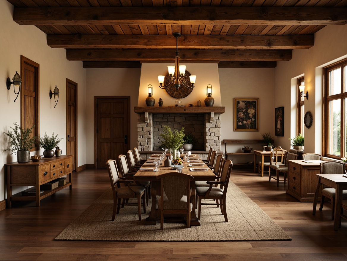 Prompt: Rustic dining room, wooden accents, natural textures, earthy tones, warm beige walls, distressed wood furniture, vintage decorations, candles and lanterns, stone fireplace, cozy atmosphere, soft warm lighting, shallow depth of field, 3/4 composition, realistic textures, ambient occlusion.