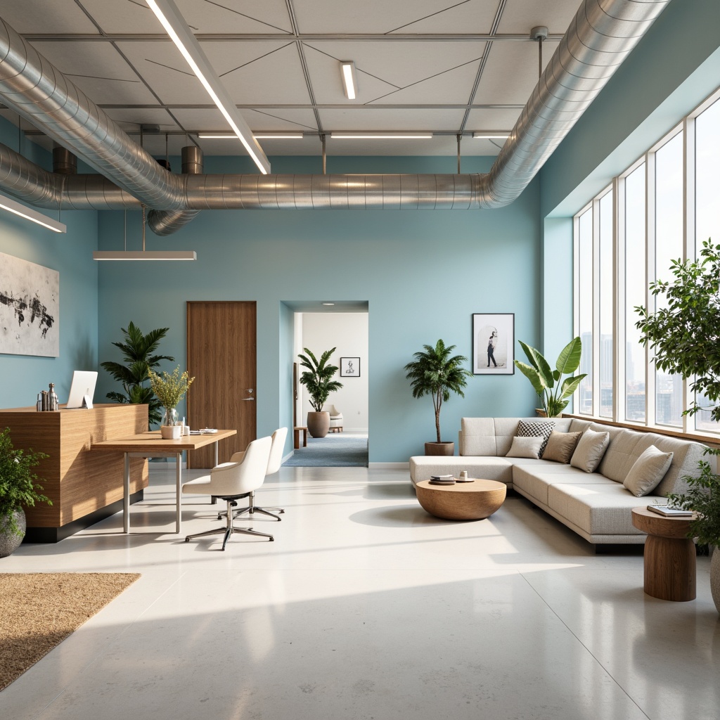 Prompt: Modern office interior, calm atmosphere, pastel color scheme, soft blue walls, creamy white furniture, wooden accents, natural textiles, elegant lighting fixtures, minimalist decor, open floor plan, collaborative workspaces, ergonomic chairs, greenery plants, abundant natural light, warm neutral tones, subtle branding elements, acoustic panels, sleek metal details, inviting reception area.