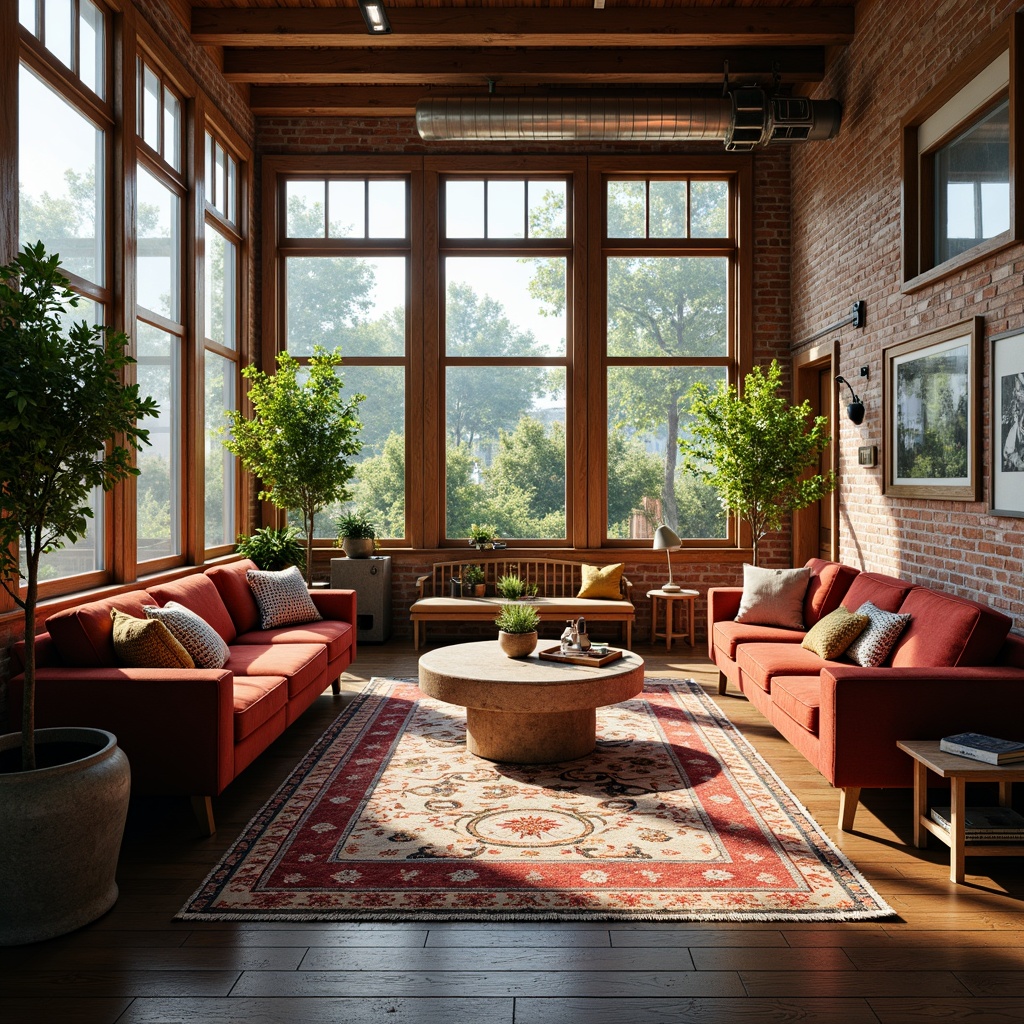 Prompt: Vibrant eclectic interior, natural light pouring in, floor-to-ceiling windows, wooden floors, vintage furniture, colorful textiles, patterned rugs, unique decorative pieces, industrial metal accents, reclaimed wood walls, exposed brick features, earthy color palette, soft warm glow, shallow depth of field, 1/1 composition, realistic textures, ambient occlusion.