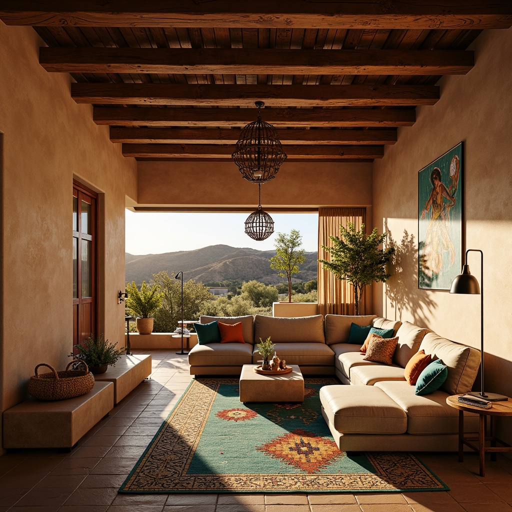 Prompt: Warm and inviting southwestern living room, rustic wooden beams, earthy tone walls, vibrant turquoise accents, plush Native American patterned rugs, comfortable sectional sofas, natural fiber upholstery, woven baskets, warm candlelight, soft table lamps, dramatic floor lamps, rustic metal chandeliers, warm golden lighting, cozy reading nooks, desert landscape views, sunny afternoon ambiance, 1/2 composition, shallow depth of field, realistic textures, ambient occlusion.