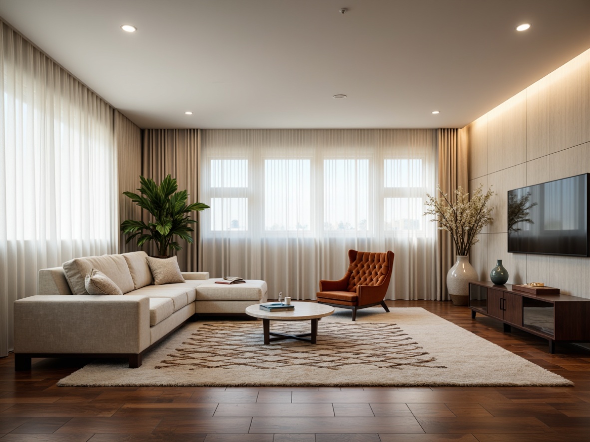 Prompt: Streamlined modern living room, minimalist decor, sleek low-profile sofa, tufted velvet armchair, geometric-patterned rug, polished chrome coffee table, floor-to-ceiling windows, sheer white curtains, ambient warm lighting, 1/1 composition, shallow depth of field, soft focus blur, realistic wood textures, subtle gradient effects.