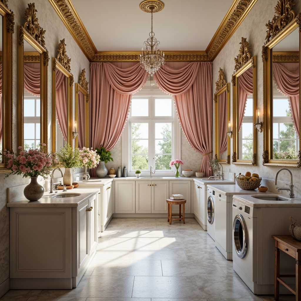 Prompt: Opulent laundry room, ornate mirrors, gilded frames, soft pastel hues, delicate florals, velvet drapes, intricate carvings, ornamental moldings, white marble countertops, crystal chandeliers, luxurious textiles, golden accents, curved lines, whimsical patterns, warm candlelight, shallow depth of field, 1/1 composition, soft focus, romantic ambiance.