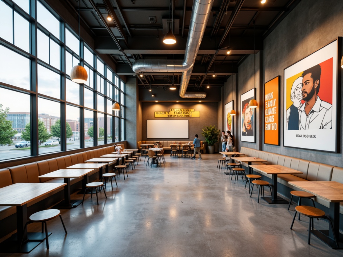 Prompt: Minimalist dining hall, rectangular shape, open floor plan, functional layout, industrial materials, exposed ductwork, concrete floors, steel beams, large windows, natural light, simple wooden tables, tubular metal chairs, geometric patterns, primary color accents, bold typography, abstract artwork, modern lighting fixtures, pendant lamps, warm ambiance, shallow depth of field, 2/3 composition, symmetrical framing, high contrast, realistic textures.