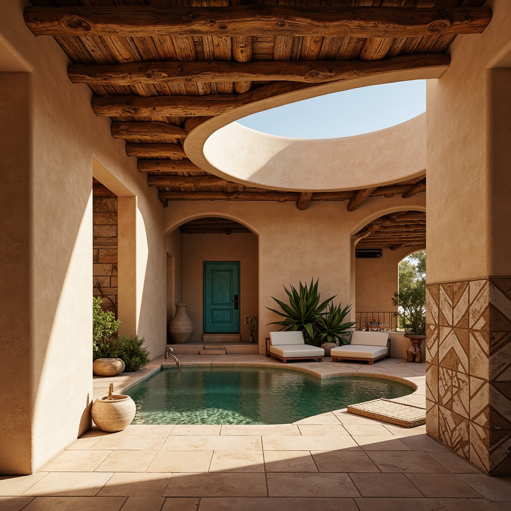 Prompt: Adobe earth tones, natural stone accents, rustic wooden beams, vibrant turquoise hues, geometric patterned textiles, woven basket-inspired designs, abstract Native American motifs, modern southwestern architecture, curved lines, asymmetrical compositions, warm golden lighting, soft shadows, 1/2 composition, shallow depth of field, realistic textures, ambient occlusion.