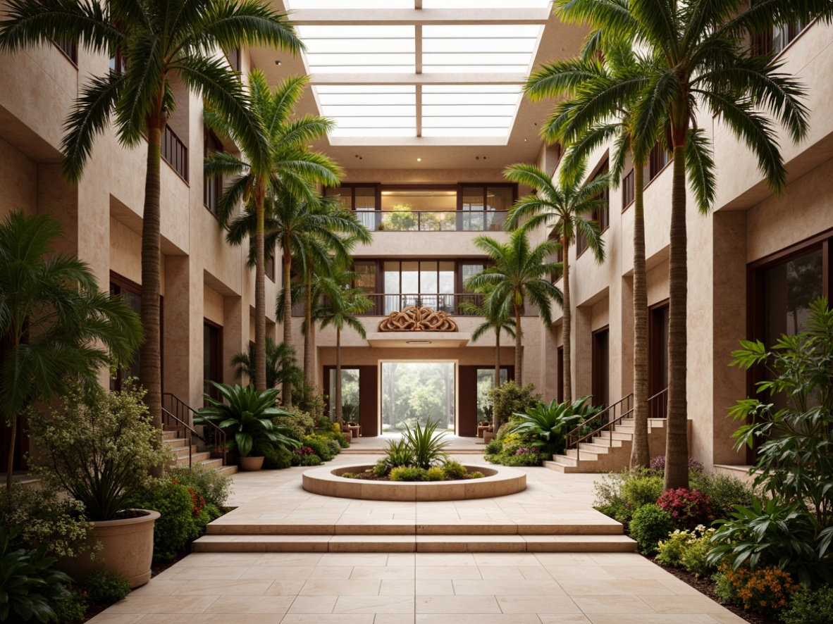 Prompt: Grand courthouse entrance, tropical palm trees, natural stone walls, warm wooden accents, vibrant greenery, exotic flower arrangements, clerestory windows, high ceilings, soft diffused lighting, subtle shadows, airy open spaces, spacious atriums, elegant staircases, luxurious furnishings, refined metalwork, intricate carvings, lush foliage, misty atmosphere, morning dew, warm golden light, shallow depth of field, 1/1 composition, realistic textures.