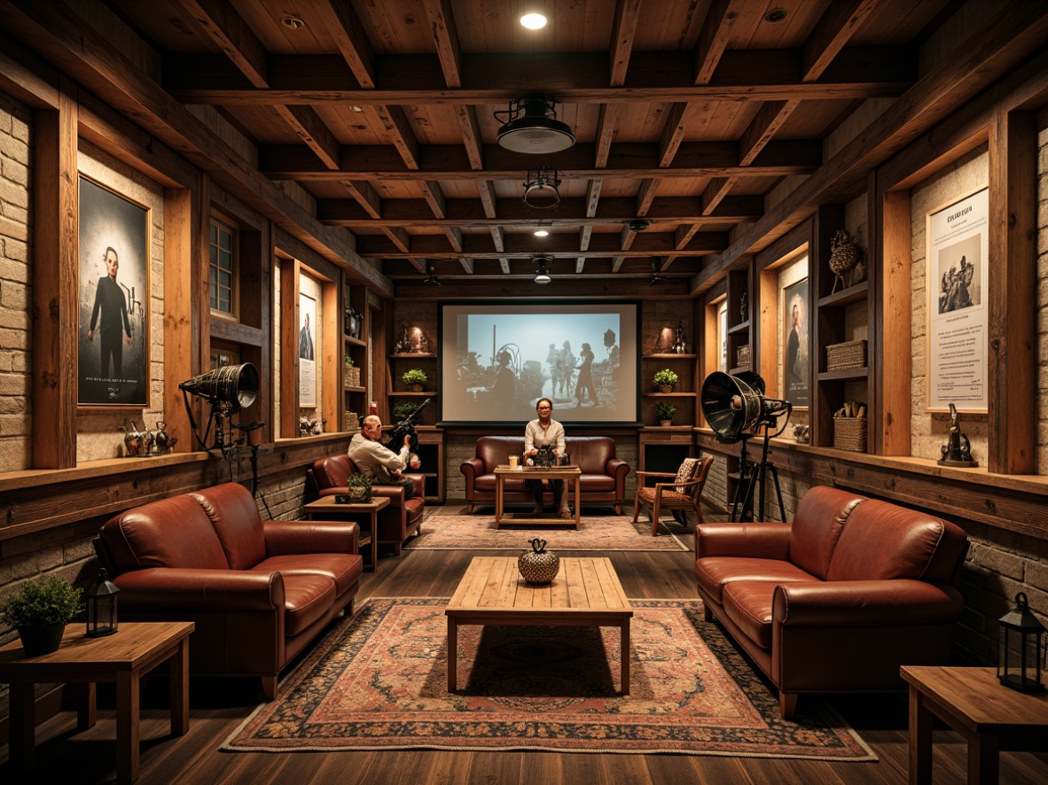 Prompt: Rustic cinema interior, distressed wooden accents, vintage film cameras, antique spotlights, rich leather sofas, worn armchairs, wooden coffee tables, metal lanterns, exposed brick walls, earthy tone color palette, warm cozy lighting, natural textiles, woven baskets, reclaimed wood shelving, decorative vintage posters, classic movie props, nostalgic ambiance, cinematic atmosphere, dramatic high ceilings, ornate wooden beams, aged metal fixtures, softbox lighting, 1/1 composition, realistic rendering.