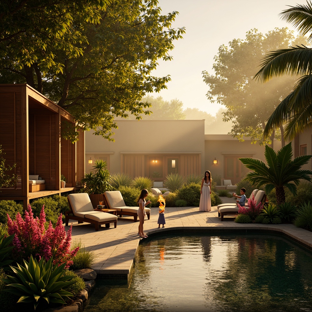 Prompt: Warm tropical ambiance, soft golden lighting, lush green foliage, exotic flowers, natural wood accents, woven rattan furniture, colorful tiki torches, shimmering water features, misty atmosphere, warm sunny day, gentle breeze, relaxed vibe, atmospheric depth of field, cinematic composition, vibrant colors, realistic textures, ambient occlusion.