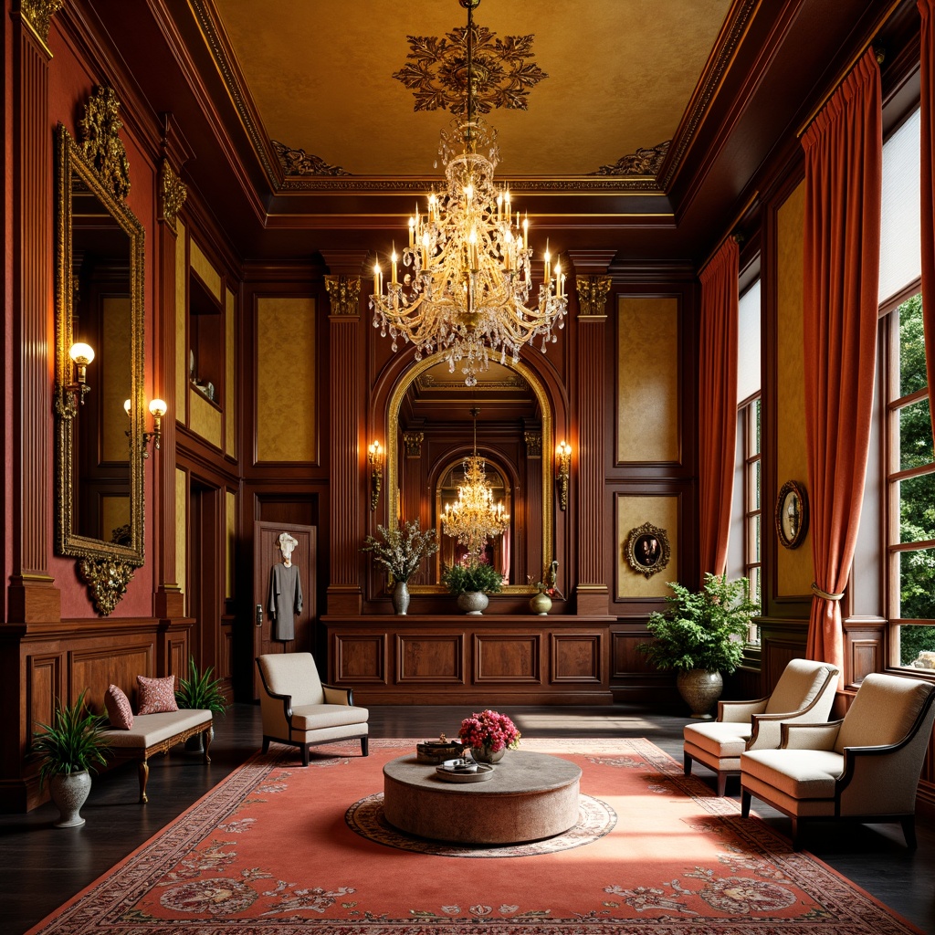 Prompt: Opulent home gym, ornate Rococo style, rich wood paneling, gilded mirrors, velvety soft flooring, luxurious accent walls, bold statement colors, textured wallpaper, metallic accents, crystal chandeliers, lavish drapery, dramatic ceiling height, sweeping archways, regal atmosphere, warm golden lighting, high-contrast shading, 1/2 composition, atmospheric perspective, realistic reflections.