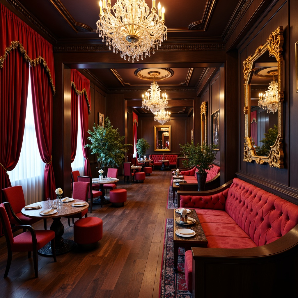 Prompt: Luxurious restaurant interior, rich velvet drapes, ornate gold frames, crystal chandeliers, dark wood paneling, intricate carvings, gilded accents, plush red armchairs, tufted ottomans, marble-top tables, curved wooden benches, decorative mirrors, heavy silk upholstery, lavish flower arrangements, dim warm lighting, soft focus blur, 1/2 composition, ornate picture frames.