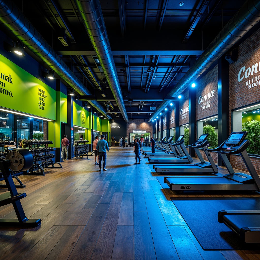 Prompt: Vibrant fitness area, industrial-chic decor, bold color scheme, neon green accents, deep blue tones, metallic silver equipment, wooden flooring, exposed brick walls, motivational quotes, modern LED lighting, high-contrast shadows, dramatic spotlights, sleek metal bars, mirrored surfaces, urban loft atmosphere, intense workout ambiance, dynamic composition, shallow depth of field.