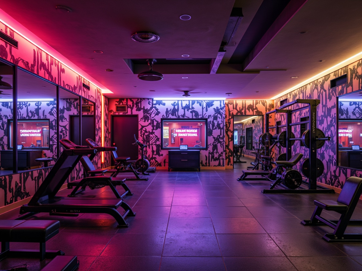 Prompt: Vibrant home gym, bold color scheme, energetic atmosphere, neon accents, motivational quotes, industrial-chic equipment, sleek metal frames, rubber flooring, mirrored walls, high-intensity lighting, dynamic shadows, 3/4 composition, wide-angle lens, realistic textures, ambient occlusion.