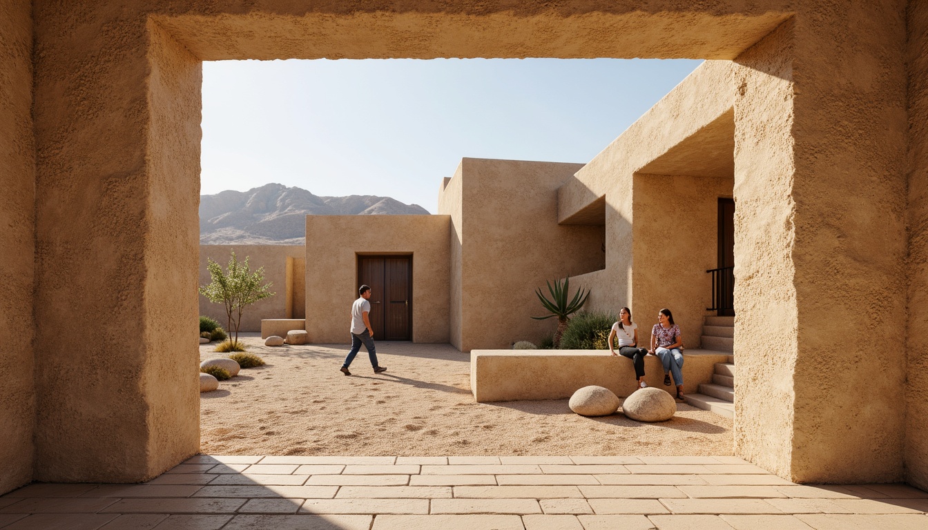 Prompt: Earthy rammed earth walls, natural textures, organic materials, rustic charm, warm beige tones, coarse aggregate patterns, irregular shapes, rough-hewn edges, earthenware bricks, sustainable building practices, eco-friendly construction, natural insulation, thermal mass benefits, desert landscape, arid climate, sunny day, soft warm lighting, shallow depth of field, 3/4 composition, realistic textures, ambient occlusion.