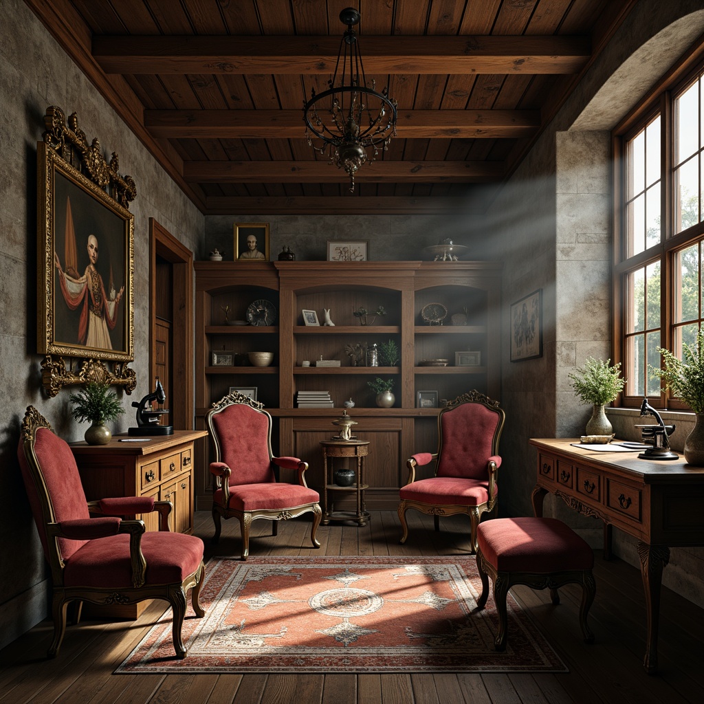 Prompt: Renaissance-style laboratory, ornate wooden furniture, luxurious velvet upholstery, rich leather accents, intricate carvings, gilded details, sophisticated metallic frames, elegant curved legs, vintage scientific instruments, antique microscopes, distressed wood flooring, rustic stone walls, warm soft lighting, subtle ambient shadows, realistic textures, 3/4 composition, shallow depth of field, atmospheric misting effects.