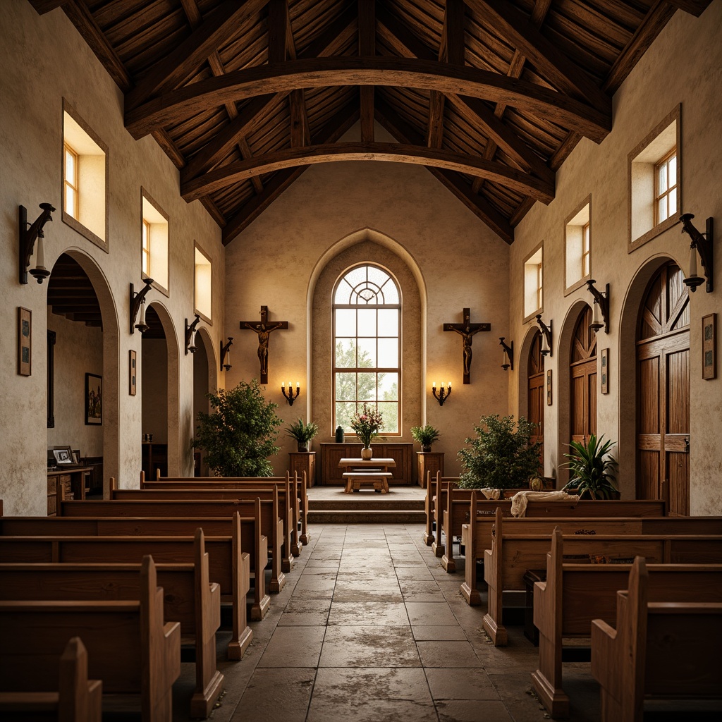 Prompt: Rustic church interior, wooden accents, reclaimed wood pews, distressed wood beams, natural stone walls, stained glass windows, warm candlelight, soft golden lighting, high ceilings, open spaces, wooden crucifixes, earthy tones, cozy atmosphere, traditional architecture, vintage decorative elements, wooden floorboards, ornate wooden doors, arched entrances, intimate seating areas, peaceful ambiance, shallow depth of field, 1/1 composition, realistic textures, ambient occlusion.