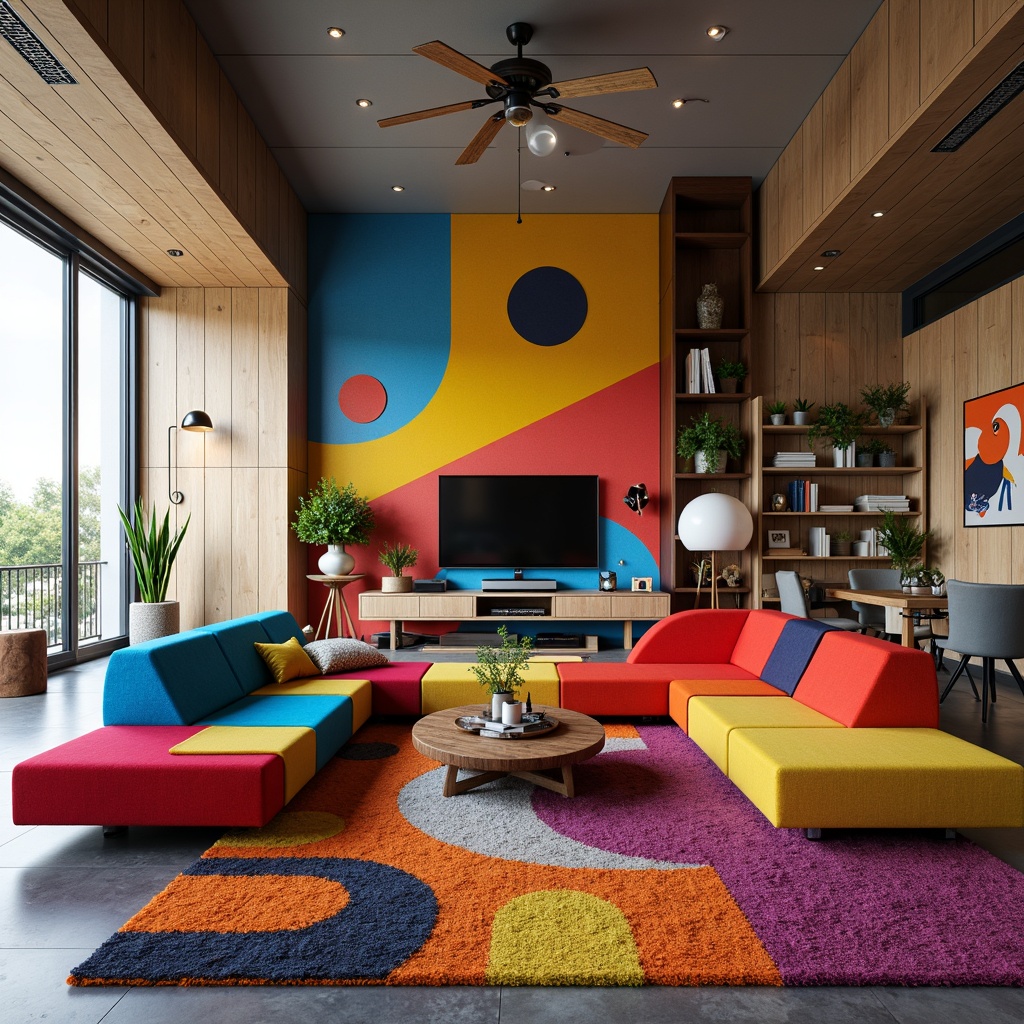 Prompt: Vibrant living room, bold color blocking, playful patterns, eclectic furniture, curved lines, irregular shapes, avant-garde decor, unconventional materials, industrial chic accents, reclaimed wood elements, statement lighting fixtures, oversized art pieces, abstract sculptures, plush area rugs, comfortable sectional sofas, futuristic audio-visual systems, sleek metallic surfaces, innovative storage solutions, functional minimalism, cozy reading nooks, natural textiles, warm ambiance, softbox lighting, shallow depth of field, 1/1 composition, realistic reflections.