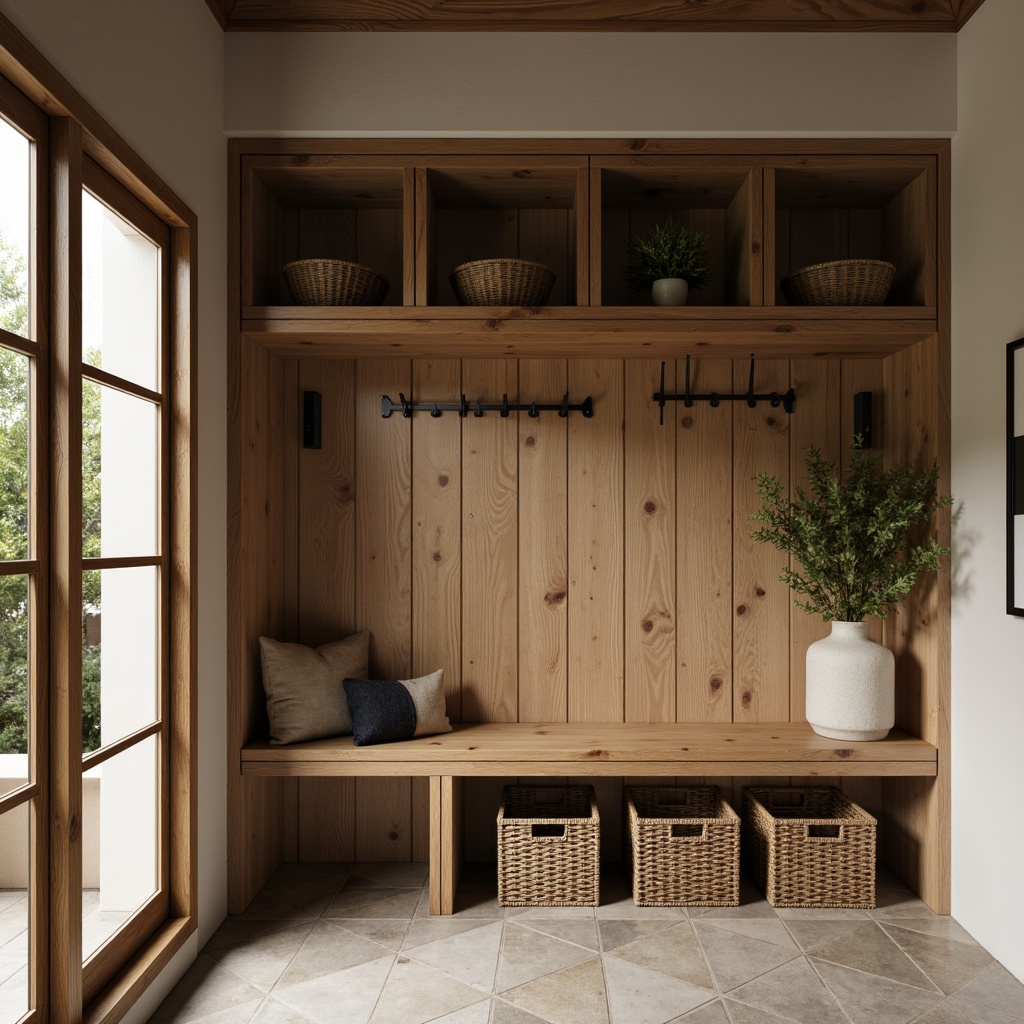 Prompt: Mudroom interior, mid-century modern style, wooden bench, woven baskets, rustic metal hooks, natural stone flooring, earthy color palette, built-in shelving units, sliding glass doors, minimalist decor, warm ambient lighting, 1/1 composition, shallow depth of field, realistic textures, ambient occlusion, functional storage solutions, modular cabinetry, adjustable shelves, hidden compartments, sleek hardware, matte black finishes, industrial-chic accents.