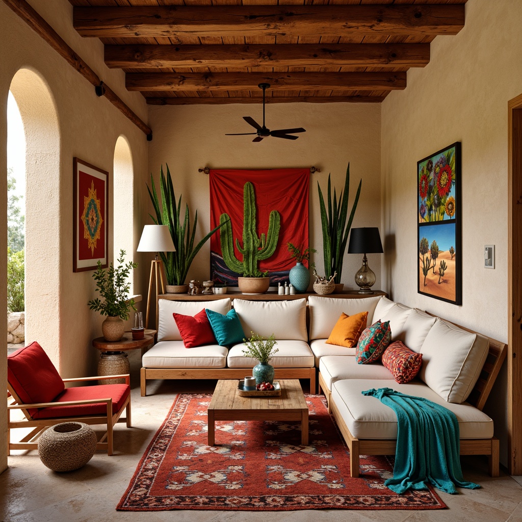 Prompt: Vibrant turquoise accents, bold red and orange hues, natural sandstone walls, woven Native American-inspired textiles, rustic wooden furniture, geometric patterned rugs, colorful ceramic vases, desert botanical prints, Southwestern-style tapestries, warm golden lighting, soft earthy tones, adobe-style architecture, cozy nooks, plush furnishings, ambient occlusion, shallow depth of field, 3/4 composition, realistic textures.