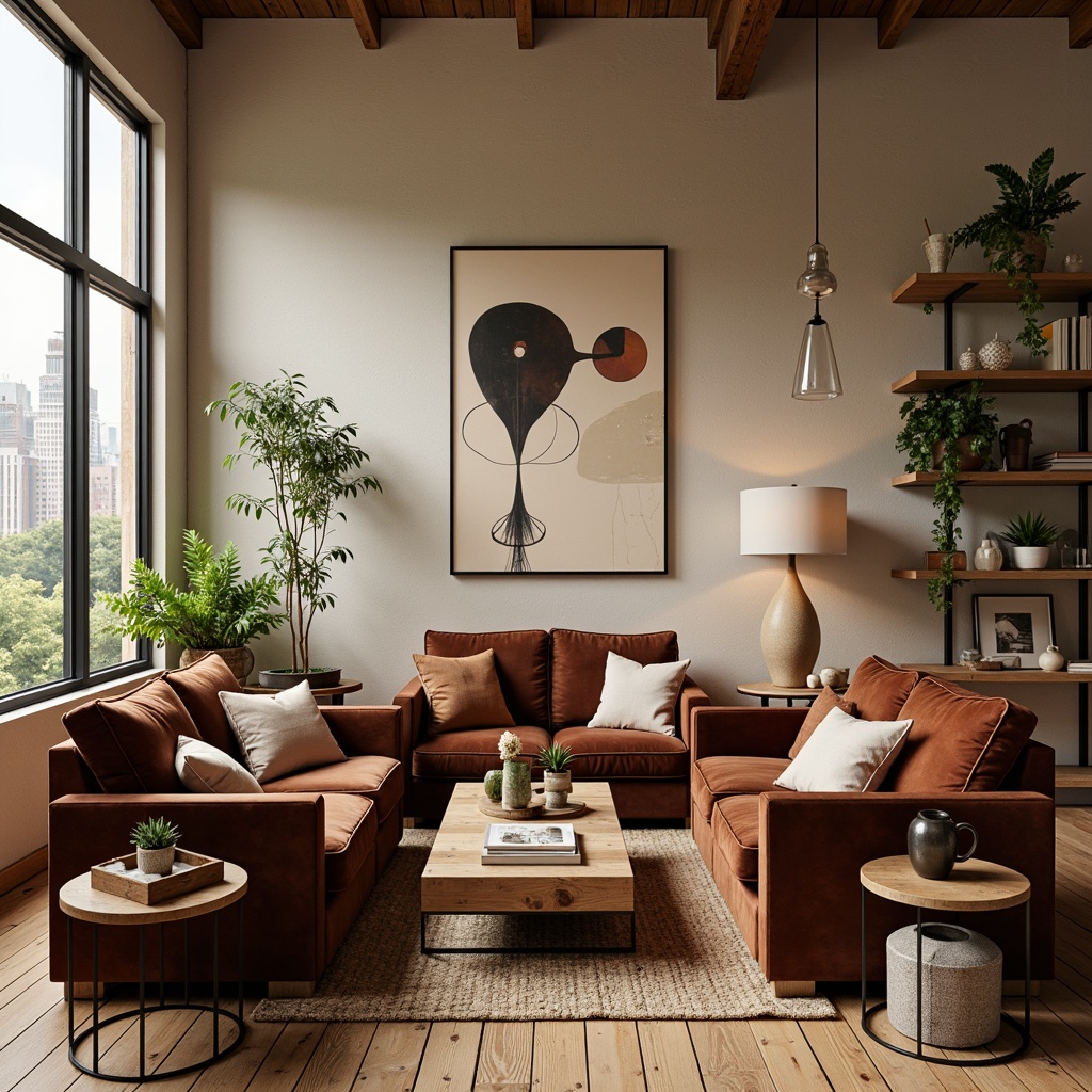 Prompt: Cozy living room, plush velvet sofas, reclaimed wood coffee tables, soft cushioned armchairs, minimalist metal legs, warm beige walls, large windows, natural light, comfortable reading nooks, decorative floor lamps, woven jute rugs, earthy tone color scheme, industrial chic decor, modern abstract artwork, rustic wooden shelves, greenery plants, calming atmosphere, warm ambient lighting, shallow depth of field, 3/4 composition, realistic textures.