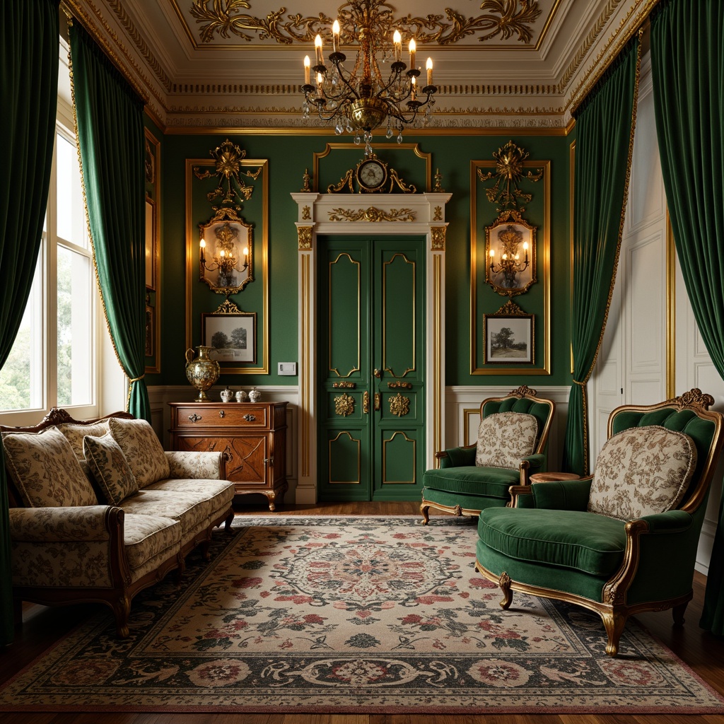 Prompt: Opulent storage room, ornate Rococo details, lavish fabrics, intricately carved wooden furniture, gilded accents, soft warm lighting, rich jewel-toned color palette, emerald green walls, creamy white trim, golden yellow accents, plush velvet textiles, delicate lace patterns, antique bronze hardware, distressed leather finishes, dramatic drapery, subtle sheen, 1/2 composition, atmospheric perspective.