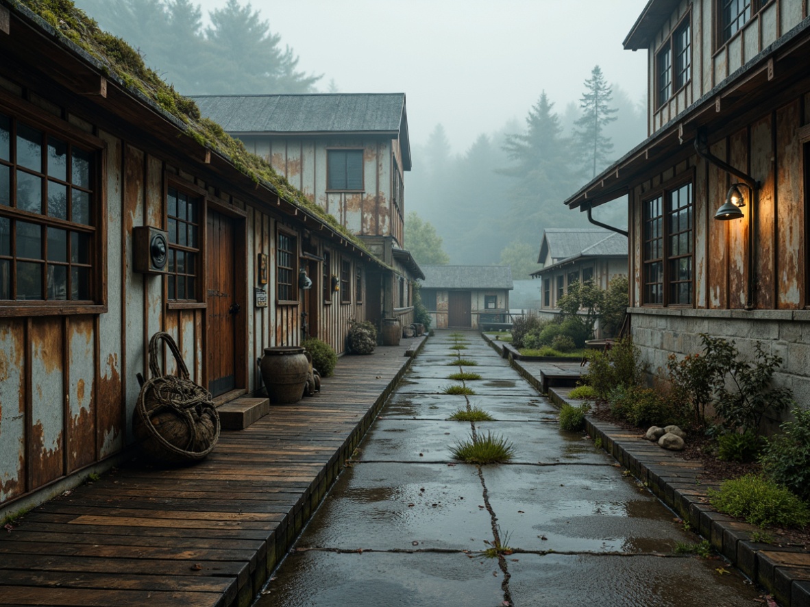 Prompt: Weathered wooden docks, rusty metal accents, rugged stone walls, moss-covered roofs, industrial-style windows, distressed concrete floors, earthy tone color palette, muted blues and greens, warm beige, rough-hewn wood textures, natural fiber ropes, nautical-themed decor, vintage navigation instruments, soft warm lighting, atmospheric fog, shallow depth of field, 2/3 composition, cinematic mood, realistic materials, ambient occlusion.