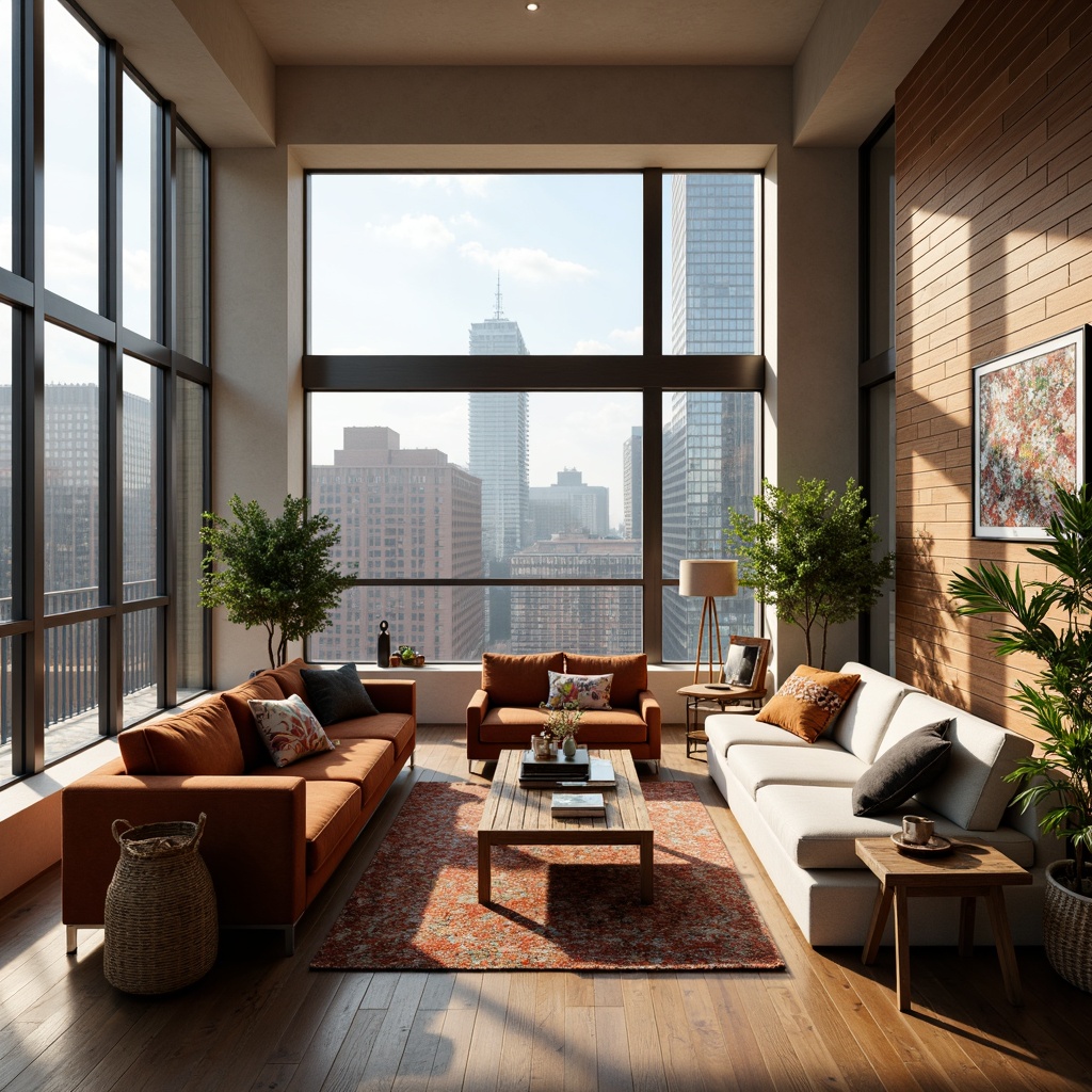 Prompt: Cozy living room, plush sofas, velvet armchairs, wooden coffee tables, rustic side tables, woven baskets, natural fiber rugs, soft warm lighting, floor-to-ceiling windows, urban cityscape views, modern minimalist decor, sleek metal accents, rich wood tones, comfortable throw pillows, vibrant colorful artwork, eclectic decorative objects, textured wall hangings, 1/2 composition, shallow depth of field, realistic textures.