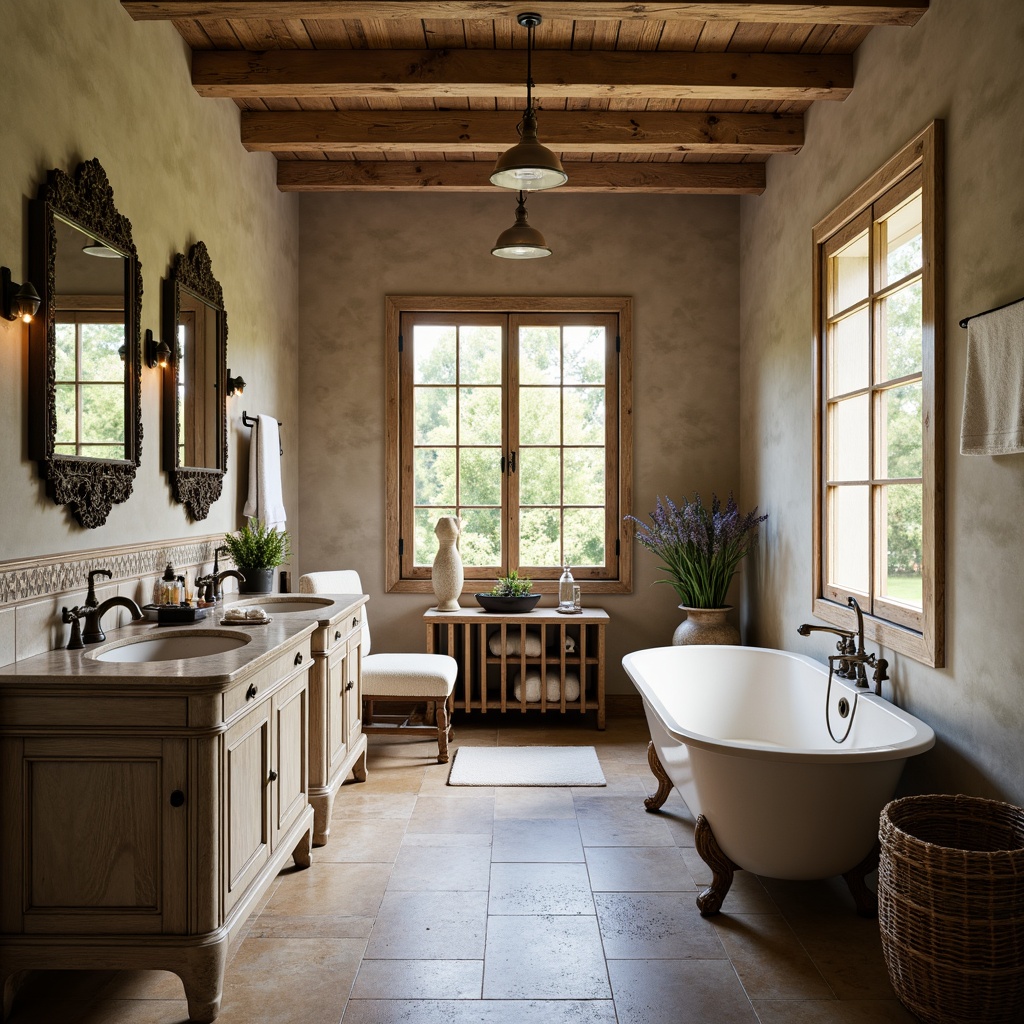 Prompt: Rustic French country bathroom, soft warm lighting, distressed wood cabinets, ornate metal fixtures, vintage-inspired sink basins, clawfoot tubs, marble countertops, decorative tile backsplashes, woven wicker baskets, plush towels, lavender flowers, calming ambiance, natural stone flooring, earthy color palette, elegant gold accents, traditional European styling, romantic atmosphere.