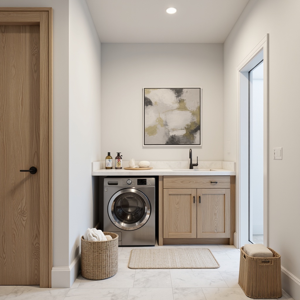 Prompt: Minimalist laundry room, sleek cabinetry, stainless steel appliances, LED lighting, porcelain floors, modern faucets, geometric patterns, abstract artwork, pastel color palette, soft textiles, woven baskets, linen fabrics, natural fibers, subtle sheen, gentle folds, calming ambiance, warm neutral tones, ambient occlusion, shallow depth of field, 3/4 composition.