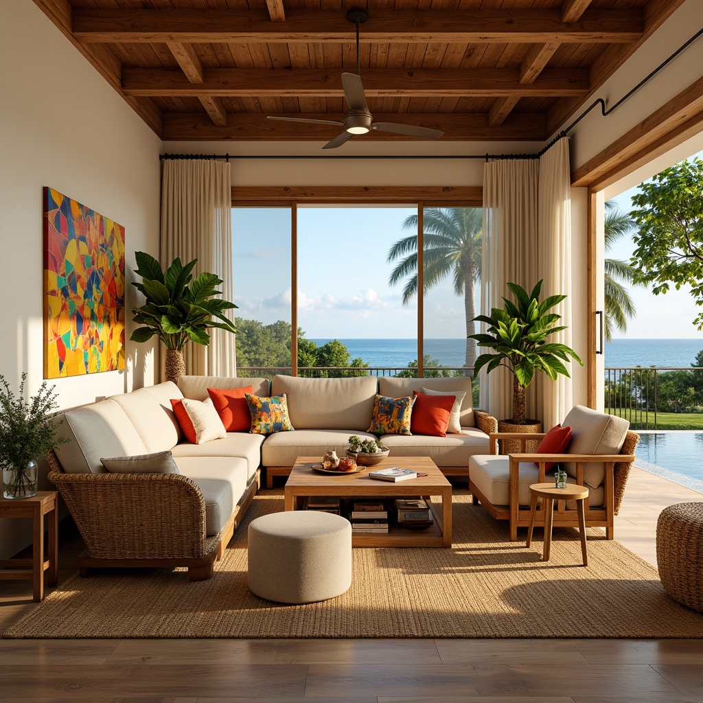 Prompt: Cozy family room, tropical island vibe, warm beige walls, rich wood accents, plush sectional sofas, vibrant colorful throw pillows, natural fiber rugs, woven wicker armchairs, rustic wooden coffee tables, exotic potted plants, soft billowy curtains, calming ocean views, sunny afternoon light, shallow depth of field, 1/2 composition, relaxed atmosphere, realistic textures, ambient occlusion.