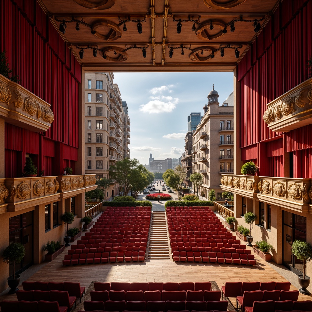 Prompt: Vibrant performing arts center, dynamic stage lighting, rich velvety curtains, polished wooden floors, luxurious red seats, golden accents, ornate chandeliers, grand entrance foyer, sweeping staircases, elegant balconies, sophisticated urban architecture, bustling cityscape, warm sunny day, soft natural light, shallow depth of field, 1/1 composition, cinematic camera angles, high-contrast color grading.