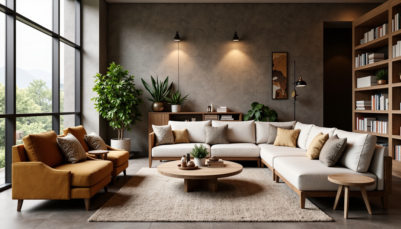 Prompt: Cozy living room, plush sofas, velvety armchairs, wooden coffee tables, minimalist decor, natural textiles, earthy color palette, warm ambient lighting, soft rugs, comfortable pillows, ergonomic design, stylish accent walls, modern bookshelves, greenery, floor-to-ceiling windows, urban loft-inspired architecture, industrial-chic elements, neutral-toned walls, statement artwork, geometric patterns, inviting atmosphere, relaxing ambiance, 1/1 composition, shallow depth of field.