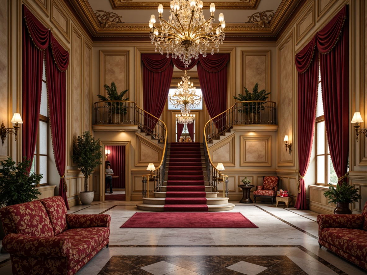 Prompt: Luxurious interior spaces, ornate chandeliers, intricate moldings, carved wooden panels, grand staircases, polished marble floors, lavish furnishings, velvet drapes, crystal decorations, gilded accents, Baroque-inspired patterns, rich textiles, regal colors, warm soft lighting, shallow depth of field, 1/1 composition, realistic reflections, ambient occlusion.