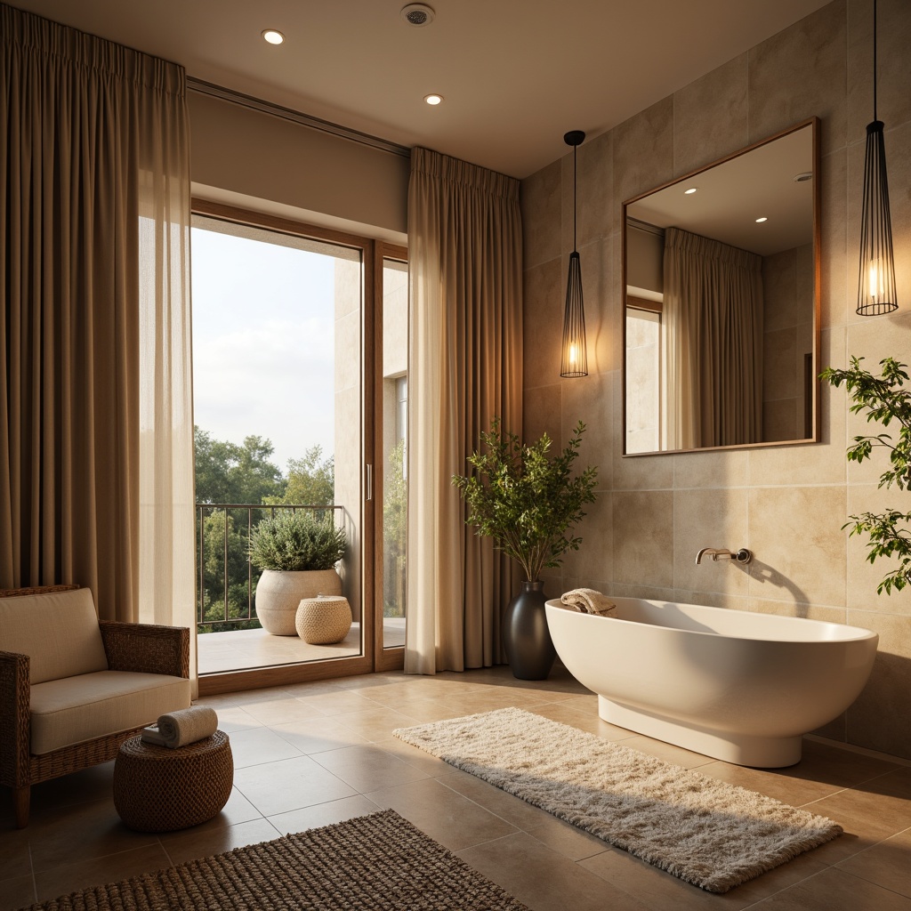 Prompt: Luxurious bathroom, soft ambient lighting, calming water features, gentle misting systems, plush towels, woven baskets, natural fiber rugs, Moroccan-inspired tiles, warm beige tones, spa-like atmosphere, floor-to-ceiling drapes, sheer curtains, elegant fabric shades, subtle texture contrasts, 1/1 composition, soft focus, realistic reflections, ambient occlusion.