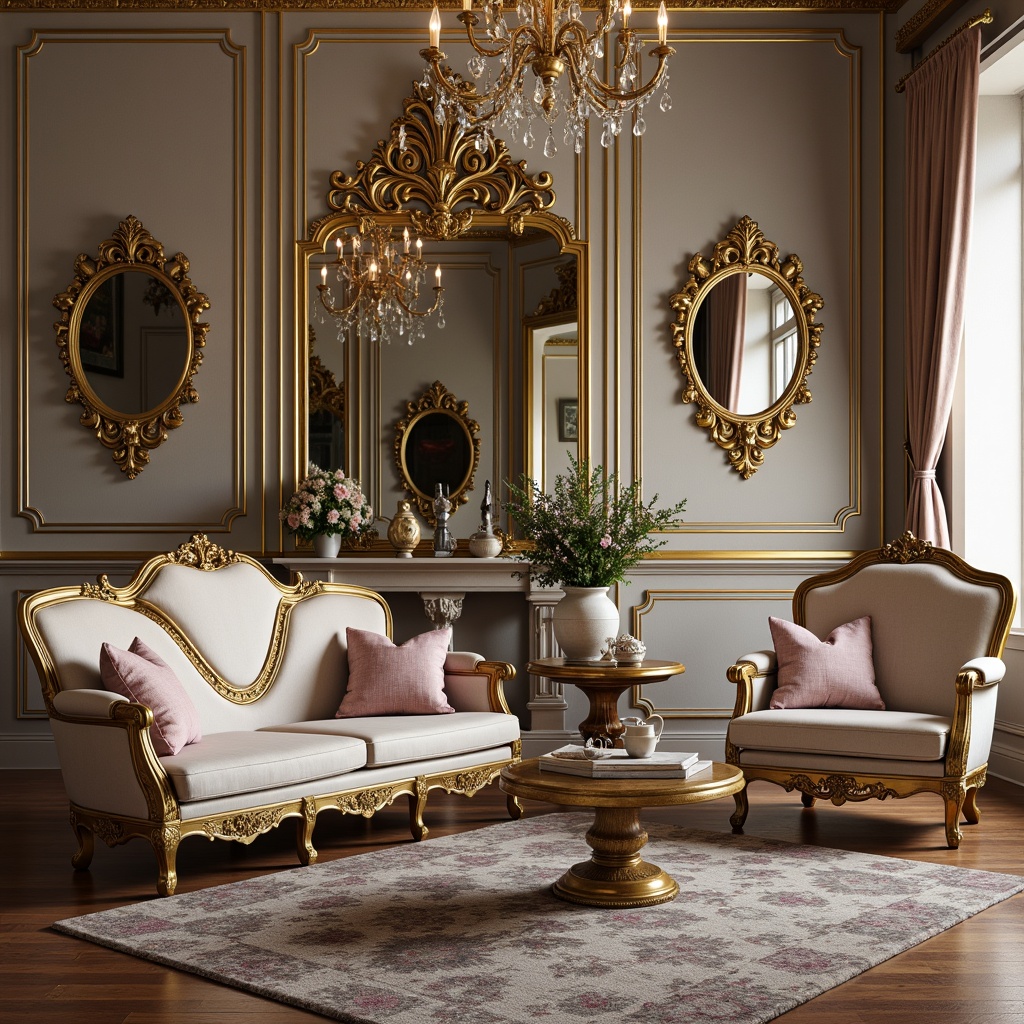 Prompt: Ornate Rococo furniture, intricately carved wooden frames, gilded details, plush velvet upholstery, curved legs, ornamental mirrors, luxurious fabrics, soft pastel colors, golden accents, crystal chandeliers, grandiose proportions, French Renaissance influences, elegant curves, delicate patterns, romantic ambiance, warm candlelight, 1/2 composition, shallow depth of field, realistic textures, ambient occlusion.