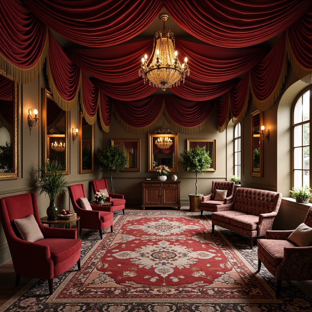 Prompt: Richly ornate fabrics, heavy velvet drapes, golden tassels, luxurious silk upholstery, intricately patterned rugs, ornamental mirrors, gilded frames, carved wooden furniture, elegant crystal chandeliers, soft warm lighting, cozy intimate atmosphere, curved lines, dramatic arches, lavish floral arrangements, opulent color palette, rich jewel tones, antique bronze accents, grandiose proportions, 3/4 composition, shallow depth of field, realistic textures.